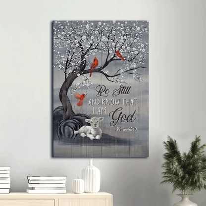 Jesus Portrait Canvas - Snow tree, Red cardinal painting, White lamb- Gift for Christian- Be still and know that I am God - Portrait Canvas Prints, Wall Art
