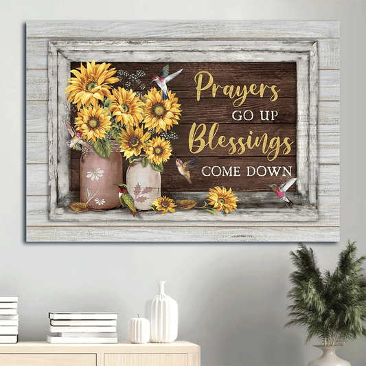 Jesus Landscape Canvas- Hummingbird, Sunflower vase canvas- Gift for Christian- Prayers go up Blessings come down -  Landscape Canvas Prints, Wall Art