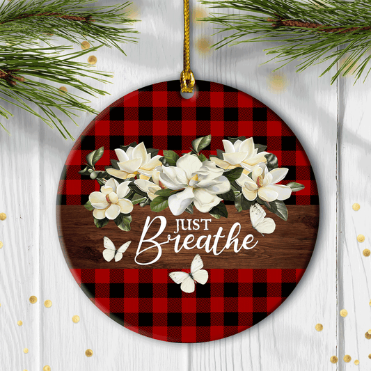 Jesus - Circle Ceramic Ornament - Jasmine Flower, Just Breathe - Gift For Religious Christian