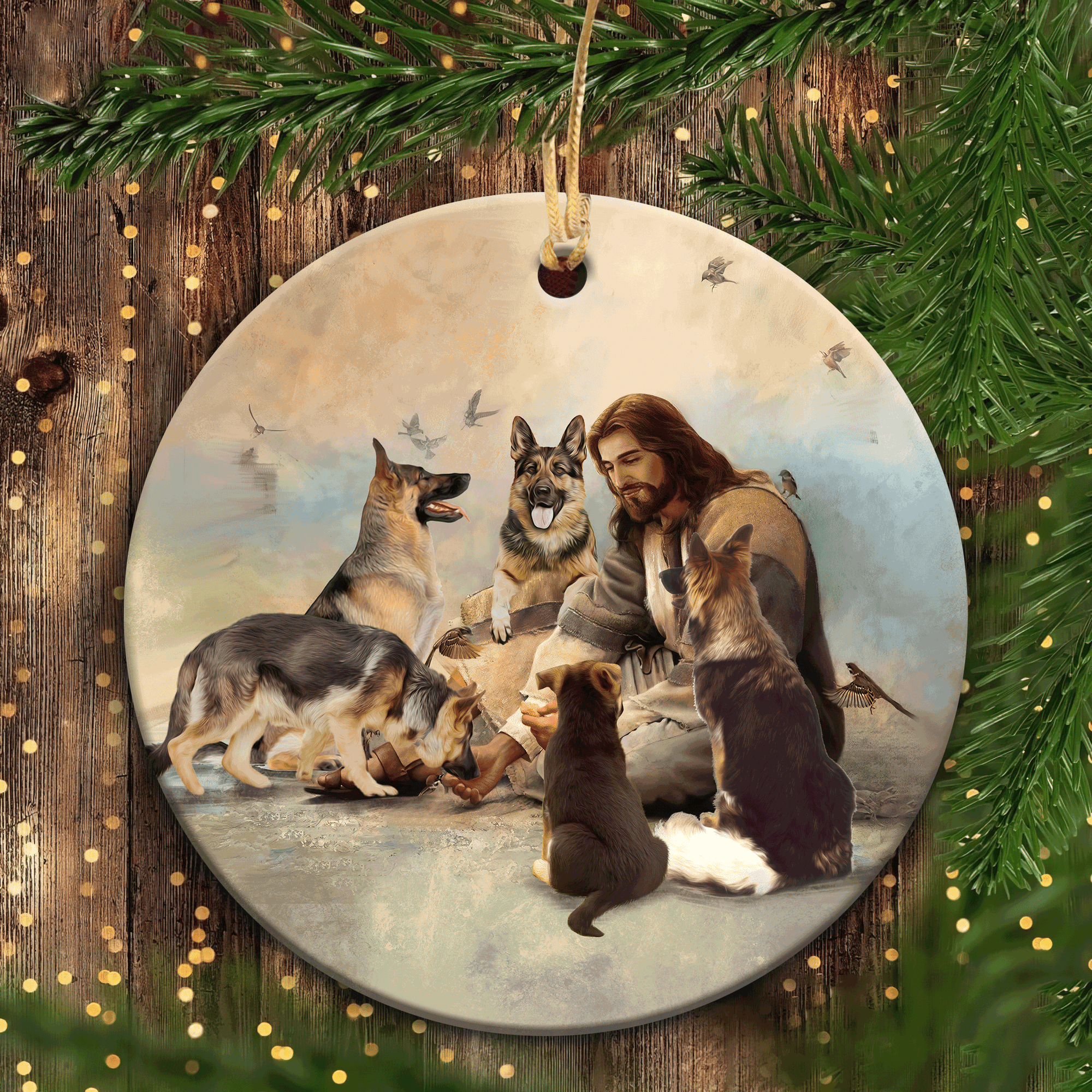 Jesus Circle Ceramic Ornament - Jesus And German Shepherds Circle Ceramic Ornament- Christian Gift, Gift For German Shepherd Lover