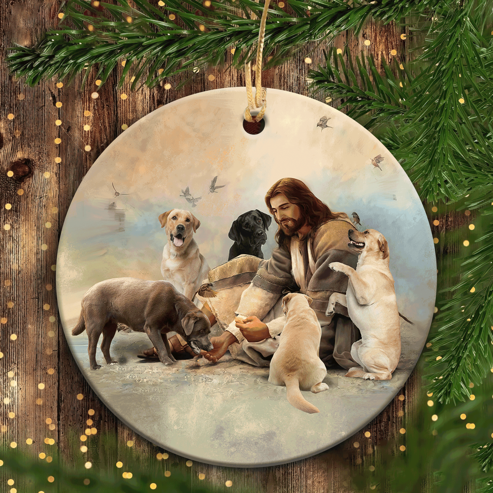 Jesus Circle Ceramic Ornament - The Labradors Circle Ceramic Ornament - Christian Gift - Jesus Playing with Labradors