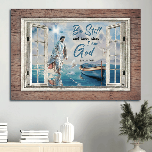 Jesus Landscape Canvas- Jesus walking on the water, Light cross, Window Frame- Gift for Christian- Be still and know that I am God - Landscape Canvas Prints, Wall Art
