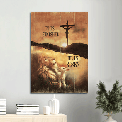 Jesus Portrait Canvas- Lion of Judah, Lamb of God, Cross, Sunset Painting- Gift for Christian- It is finish he is risen - Portrait Canvas Prints, Wall Art
