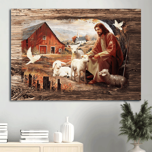 Jesus Landscape Canvas- Dove, Jesus Painting, Peaceful farm, Sitting with the lambs canvas- Gift for Christian