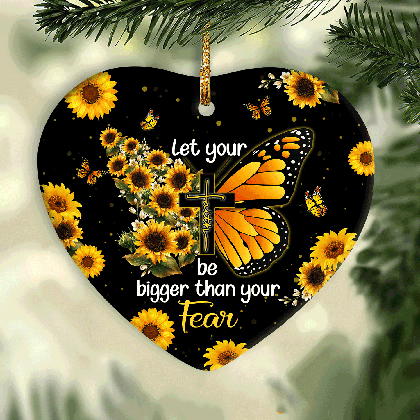 Jesus  Heart Ceramic Ornament- Sunflower, Butterfly  Heart Ceramic Ornament - Christian Gift - Let Your Faith Be Bigger Than Your Fear