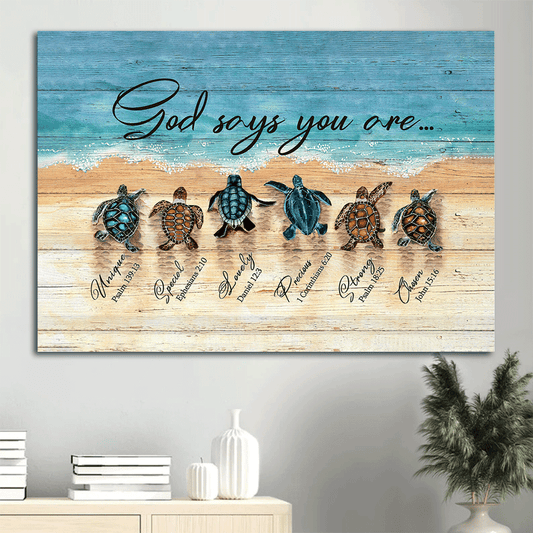 Jesus Landscape Canvas- Sea turtle, Sand beach painting, God says you are- Gift for Christian - Landscape Canvas Prints, Wall Art