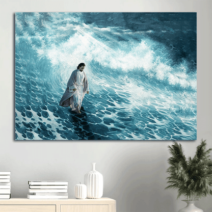 Jesus Landscape Canvas- Jesus Painting, Walking on the sea- Gift for Christian - Landscape Canvas Prints, Christian Wall Art