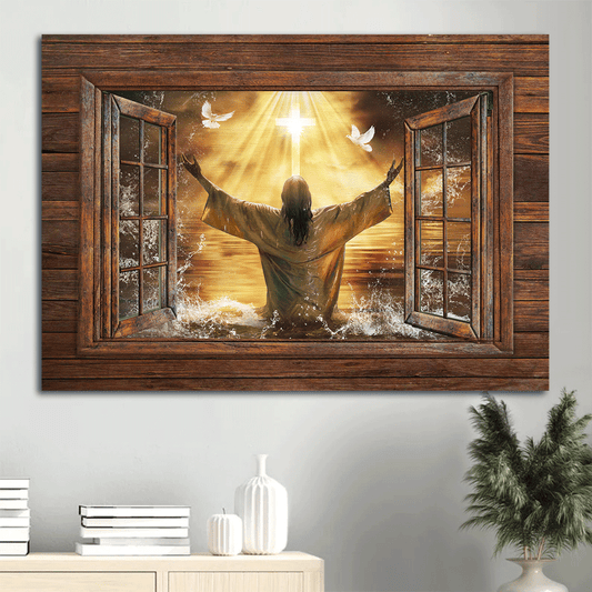 Jesus Landscape Canvas- Jesus Painting, Window frame, Sunset artwork, From the sea, White dove- Gift for Christian - Landscape Canvas Prints, Wall Art