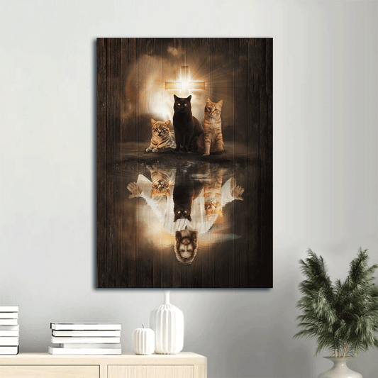 Jesus Portrait Canvas- Jesus Painting, Lovely cat, Light Cross - Gift for Christian - Portrait Canvas Prints, Wall Art