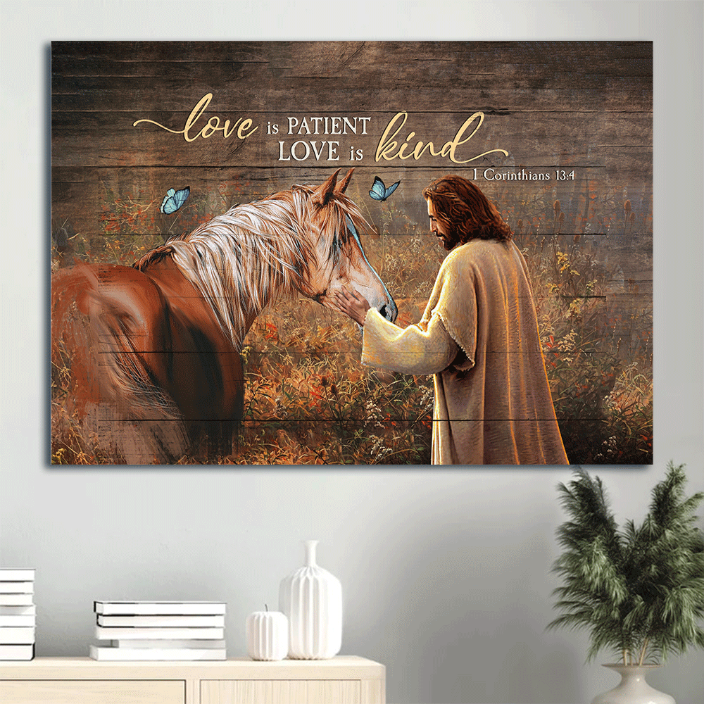 Jesus Landscape Canvas- Jesus painting, Brown horse drawing canvas- Gift for Christian- Love is patient love is kind - Landscape Canvas Prints, Wall Art