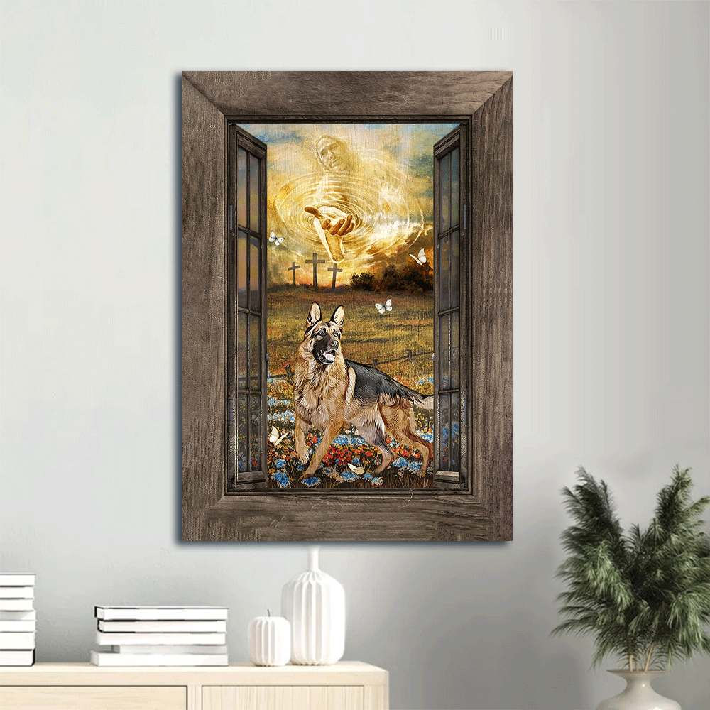 Jesus Portrait Canvas- Jesus calls, German Shepherd drawing, Blue flower field, Old farm canvas- Gift for Christian - Portrait Canvas Prints, Christian Wall Art