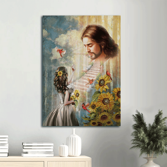 Jesus Portrait Canvas- Jesus painting, Awesome red cardinal, Lovely sunflower, Girl and path to heaven- Gift for Christian - Portrait Canvas Prints, Christian Wall Art