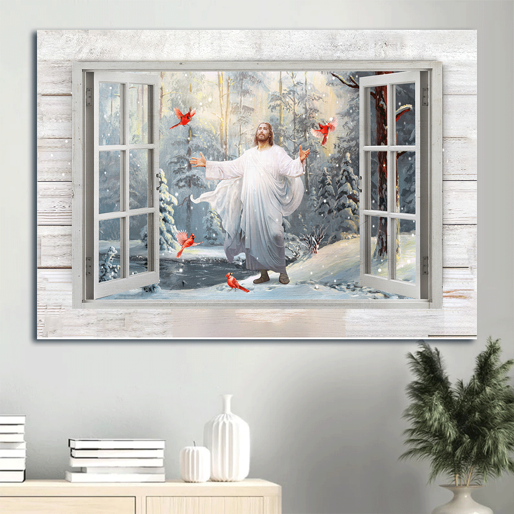 Jesus Landscape Canvas- Jesus painting, Cardinal painting, Walking with Jesus, Into the winter forest - Gift for Christian - Landscape Canvas Prints, Wall Art