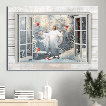 Jesus Landscape Canvas- Jesus painting, Cardinal painting, Walking with Jesus, Into the winter forest - Gift for Christian - Landscape Canvas Prints, Wall Art
