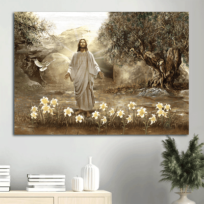 Jesus Landscape Canvas- Jesus painting, Dove of peace, Meadow landscape, A new day has come- Gift for Christian - Landscape Canvas Prints, Christian Wall Art