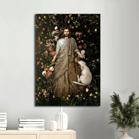 Jesus Portrait Canvas- Jesus painting, Flower garden, White sheep, The life of Jesus - Gift for Christian- Portrait Canvas Prints, Christian Wall Art