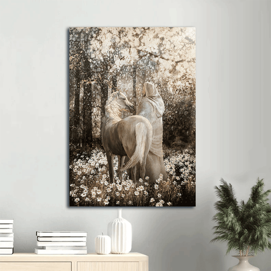 Jesus Portrait Canvas- Jesus painting, Horse drawing, Walking with Jesus, Into the forest- Gift for Christian - Portrait Canvas Prints, Christian Wall Art