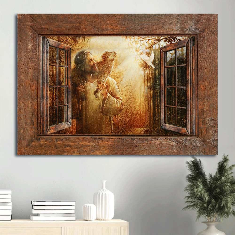 Jesus Landscape Canvas- Jesus painting, Jesus, the lamb and the dove, Window frame canvas- Gift for Christian - Landscape Canvas Prints, Christian Wall Art