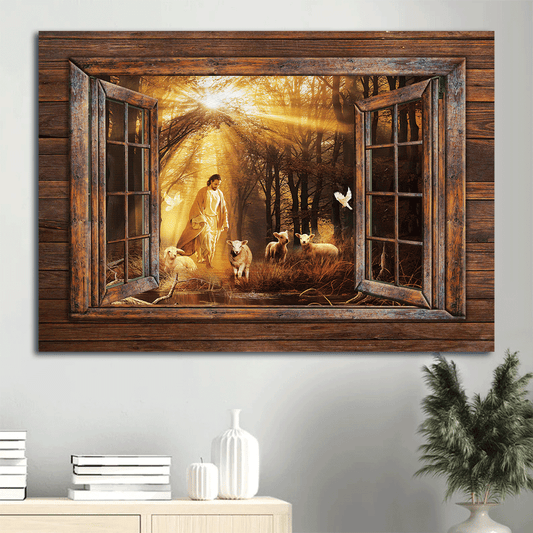 Jesus Landscape Canvas- Jesus painting, Lambs painting, Walking with Jesus, Into the beautiful forest- Gift for Christian - Landscape Canvas Prints, Wall Art