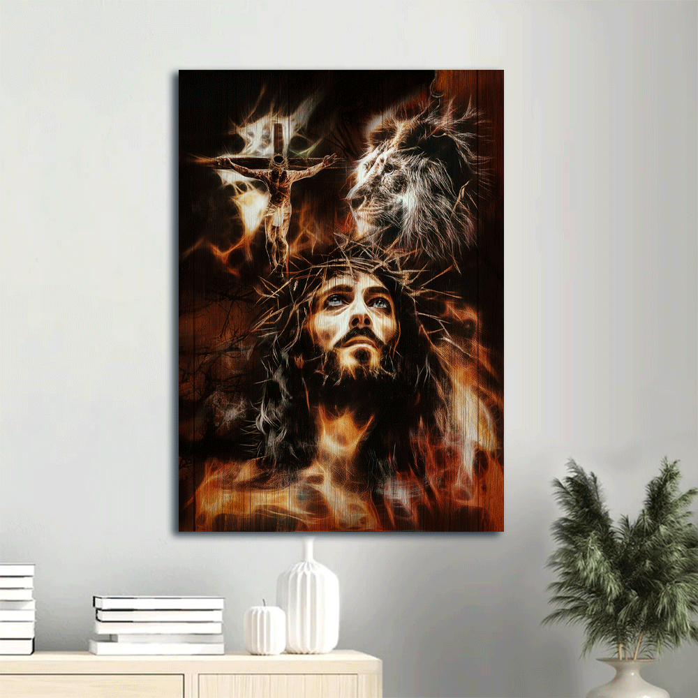 Jesus Portrait Canvas- Jesus painting, Lion of Judah, The flame, The sacrifice of Jesus Christ - Gift for Christian - Portrait Canvas Prints, Christian Wall Art