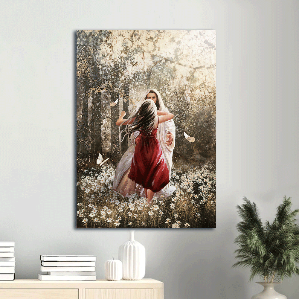 Jesus Portrait Canvas- Jesus painting, Little girl drawing, Into the arms of Jesus, Beautiful forest, Flower field, White butterfly- Gift for Christian - Portrait Canvas Prints, Christian Wall Art