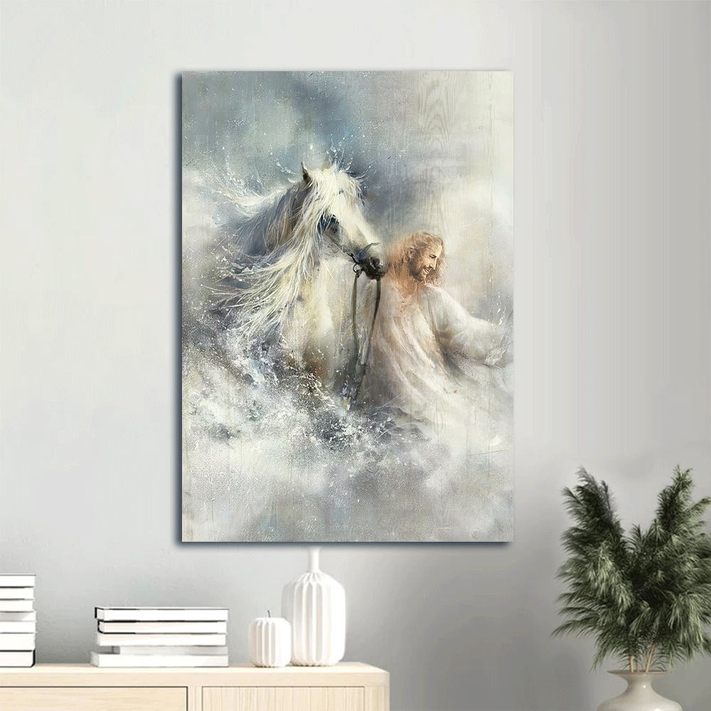 Jesus Portrait Canvas- Jesus painting, Ocean painting, He comes with a white horse- Gift for Christian - Portrait Canvas Prints, Christian Wall Art