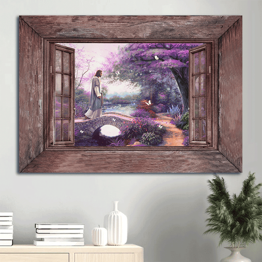 Jesus Landscape Canvas- Jesus painting, Purple flower forest, Forest painting, Walking on the bridge, White butterfly- Gift for Christian - Landscape Canvas Prints, Christian Wall Art