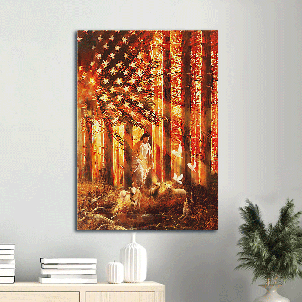 Jesus Portrait Canvas- Jesus painting, Us Flag, Walking with the lambs, Beautiful forest- Gift for Christian - Portrait Canvas Prints, Wall Art