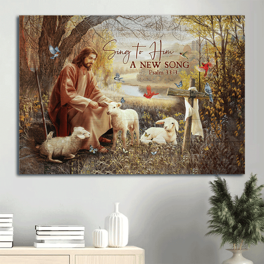 Jesus Landscape Canvas- Jesus painting, White sheep, Under the tree with Jesus, Cardinal- Gift for Christian - Sing to Him a new song - Landscape Canvas Prints, Christian Wall Art