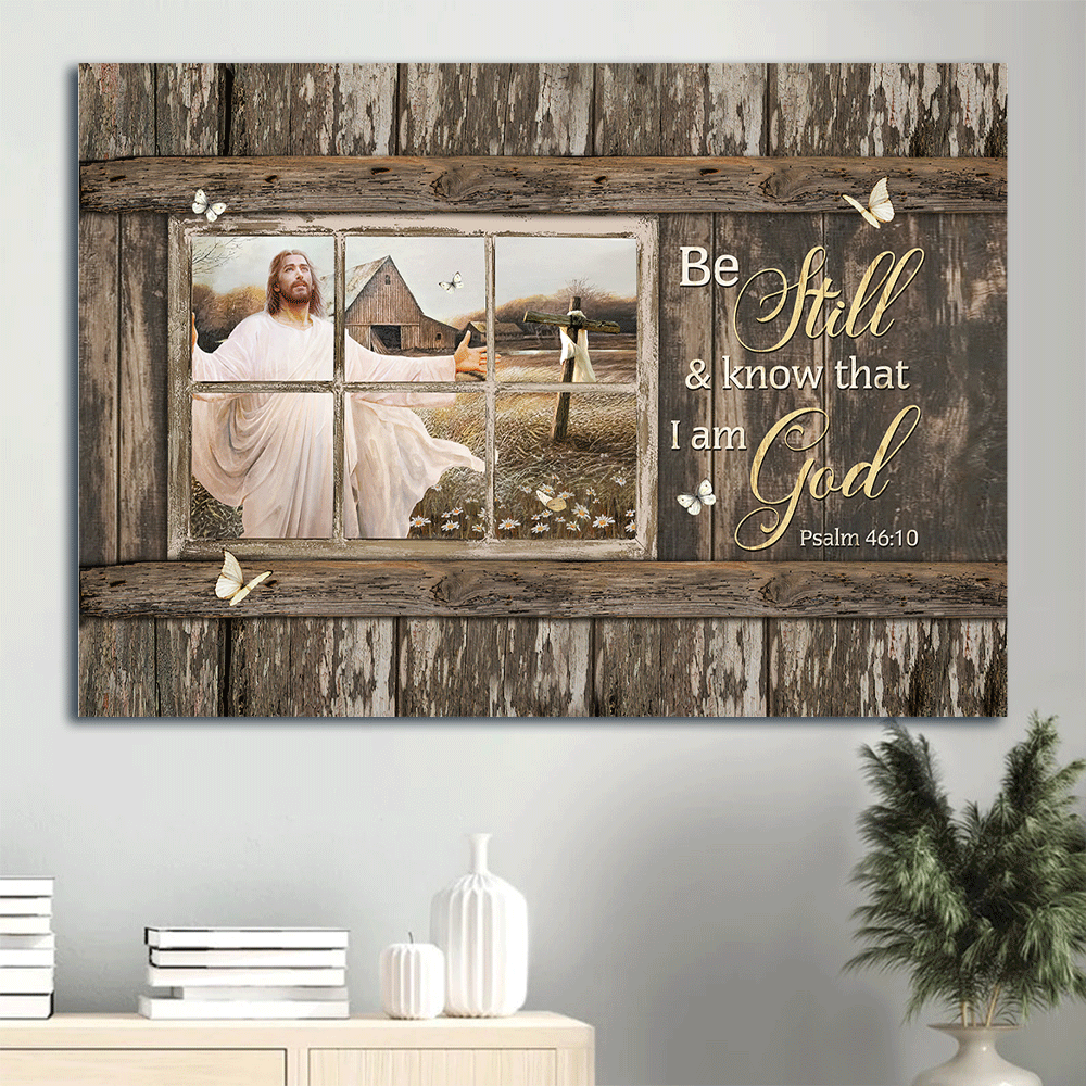 Jesus Landscape Canvas- Jesus painting, Wooden cross, White butterfly- Gift for Christian- Be still and know that I am God - Landscape Canvas Prints, Christian Wall Art