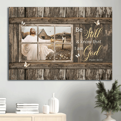 Jesus Landscape Canvas- Jesus painting, Wooden cross, White butterfly- Gift for Christian- Be still and know that I am God - Landscape Canvas Prints, Christian Wall Art