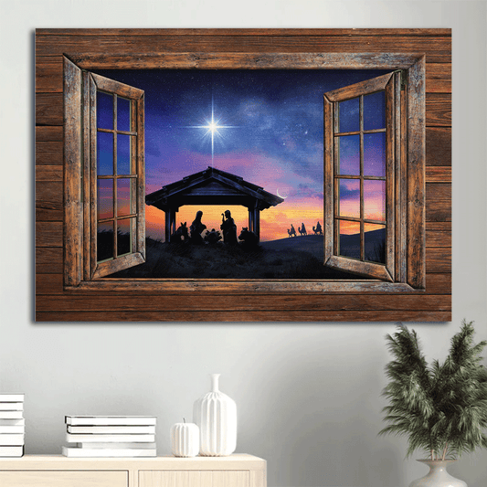 Jesus Landscape Canvas- Jesus painting, Wooden window, Beautiful halo night- Gift for Christian - Landscape Canvas Prints, Wall Art
