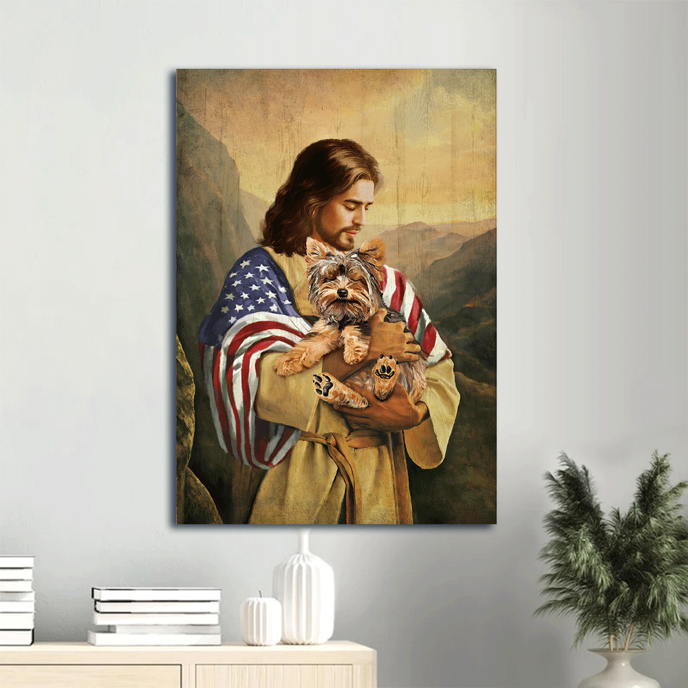 Jesus Portrait Canvas- Jesus painting, Yorkshire Terrier drawing, Us flag, arms of God - Gift for Christian- Dog Portrait Canvas Prints, Wall Art