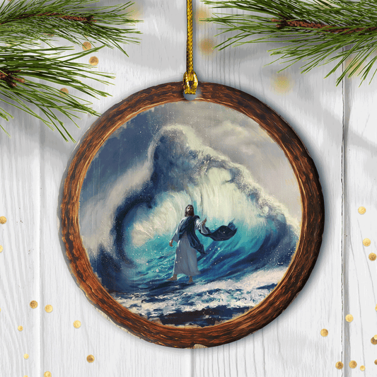 Jesus Circle Ceramic Ornament - Blue Ocean Circle Ceramic Ornament - Gift For Religious Christian - Jesus Standing Above The Waves