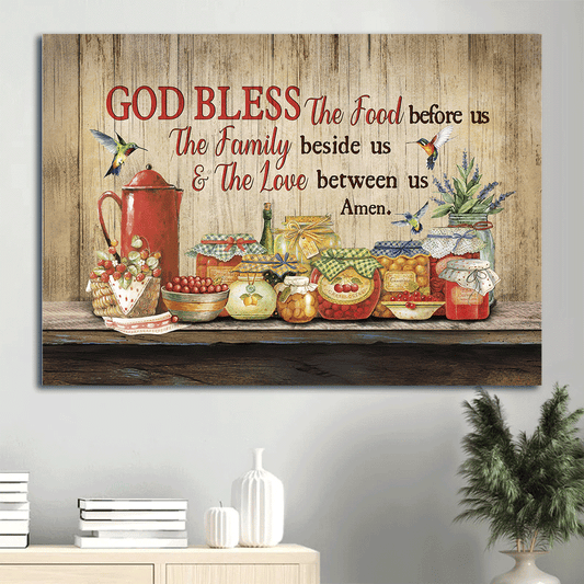 Jesus Landscape Canvas- Kitchen decoration, Colorful hummingbird- Gift for Christian- God bless the food before us - Landscape Canvas Prints, Wall Art