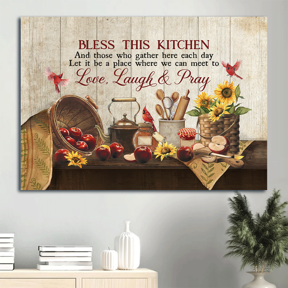 Jesus Landscape Canvas- Kitchen painting, Apple drawing, Sunflower, Red cardinal- Gift for Christian- Bless this kitchen - Landscape Canvas Prints, Christian Wall Art