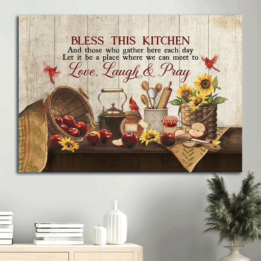 Jesus Landscape Canvas- Kitchen painting, Apple drawing, Sunflower, Red cardinal- Gift for Christian- Bless this kitchen - Landscape Canvas Prints, Christian Wall Art
