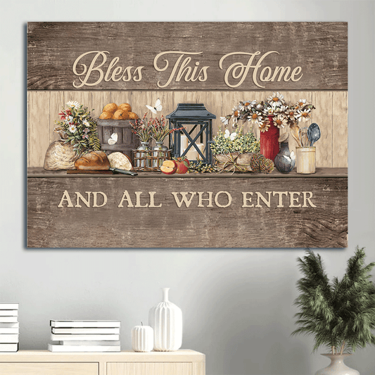 Jesus Landscape Canvas- Kitchen painting, Beautiful flower, White candles - Gift for Christian- Bless this home and all who enter - Landscape Canvas Prints, Christian Wall Art