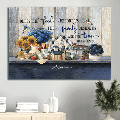 Jesus Landscape Canvas- Kitchen painting, Blue flower, Hummingbird - Gift for Christian- Bless the food before us & the love between us - Landscape Canvas Prints, Wall Art