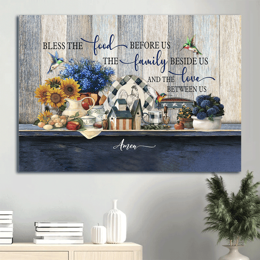 Jesus Landscape Canvas- Kitchen painting, Blue flower, Hummingbird - Gift for Christian- Bless the food before us & the love between us - Landscape Canvas Prints, Wall Art