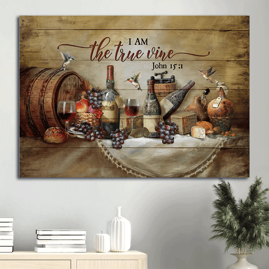 Jesus Landscape Canvas- Kitchen painting, Red wine, Barrel, Grape- Gift for Christian- I am the true vine - Landscape Canvas Prints, Christian Wall Art