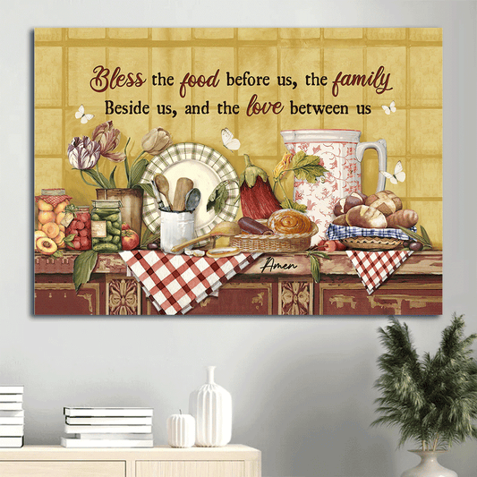 Jesus Landscape Canvas- Kitchen tools, Crusty bread, Pickled vegetables, White butterfly- Gift for Christian- Bless the food -  Landscape Canvas Prints, Christian Wall Art