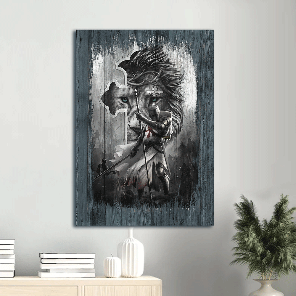 Jesus Portrait Canvas- Knight painting, Lion of Judah and the Cross - Gift for Christian - Portrait Canvas Prints, Wall Art