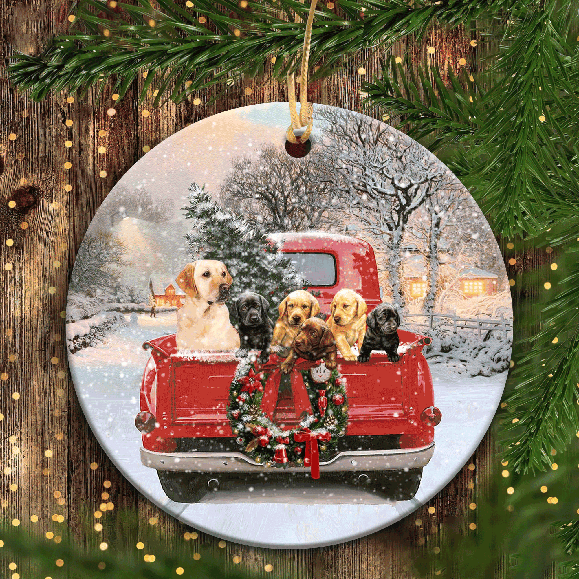 Labrador Circle Ceramic Ornament -Labrador dogs on Christmas night, Christmas wreath - Christmas Gift for Labrador Lover