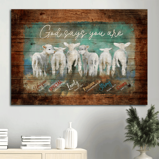 Jesus Landscape Canvas - Adorable Baby Lambs Landscape Canvas - Gift For Religious Christian - God Says You Are Unique