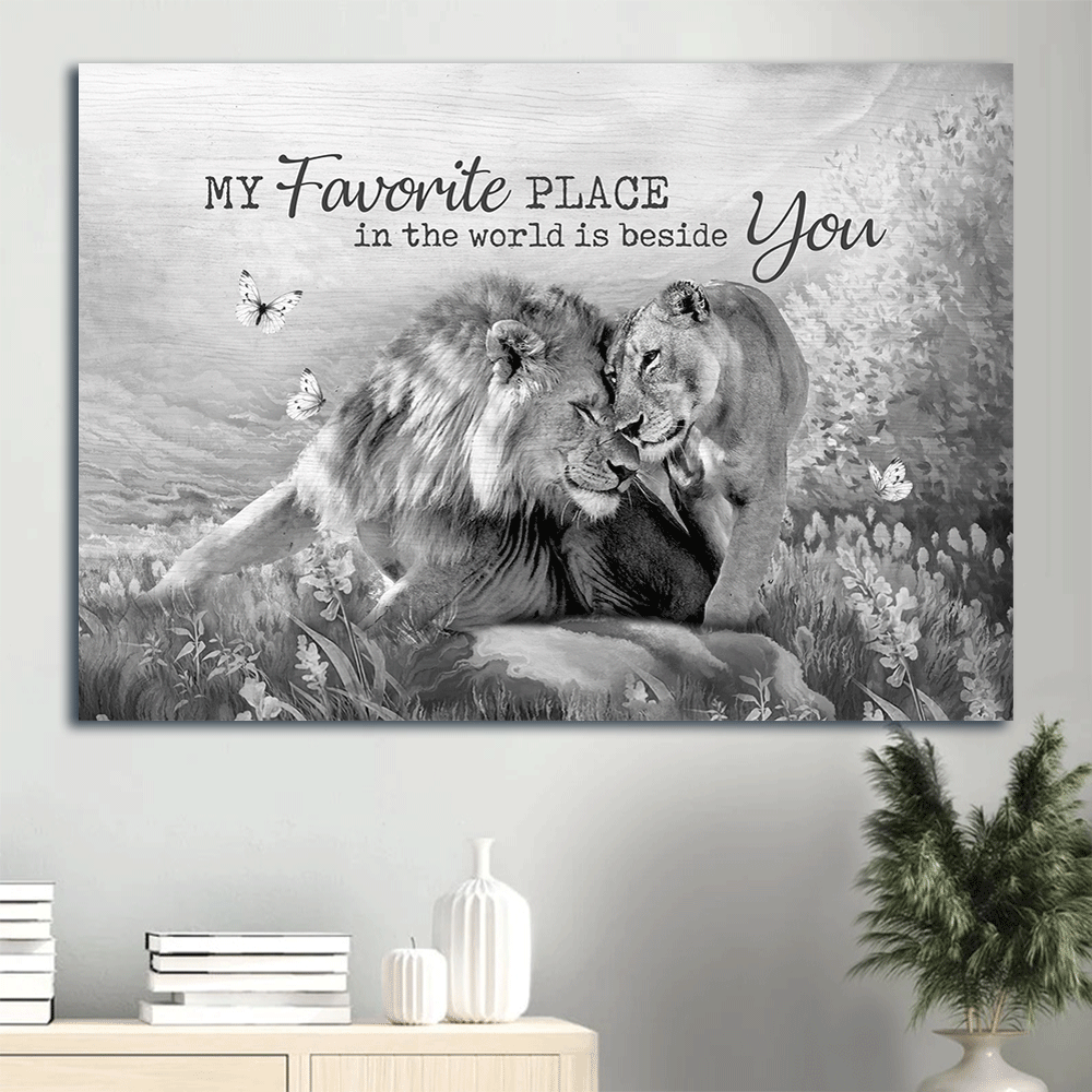 Couple Landscape Canvas- Lion couple, Black and white painting, A peaceful time- Anniversary gift for couple, lover- My favorite place in this world is beside you - Landscape Canvas Prints, Wall Art