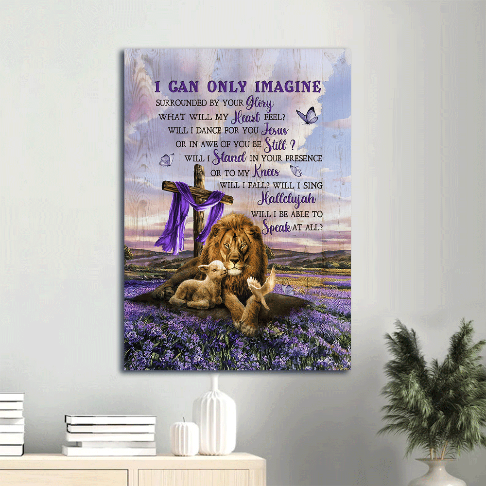Jesus Portrait Canvas- Lion drawing, Lavender field, Wooden cross, Purple background- Gift for Christian- I can only imagine - Portrait Canvas Prints, Christian Wall Art