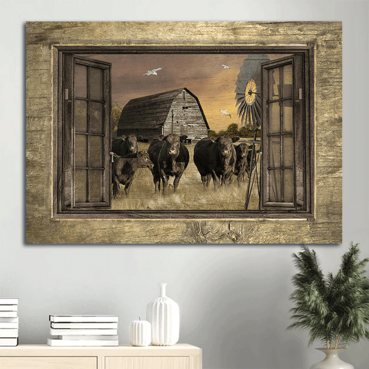 Farm Landscape Canvas - Old barn painting, Aberdeen Angus, Countryside Landscape, Windmill Landscape Canvas - Gift For Farmer Landscape Canvas