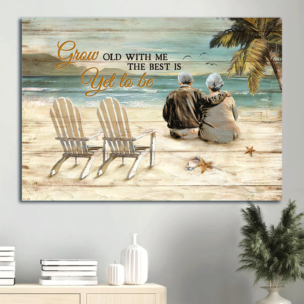 Couple Landscape Canvas - Old couple, Sitting on the beach, Beach chairs Landscape Canvas - Gift For Couple, Spouse, Lover - Grow old with me Landscape Canvas