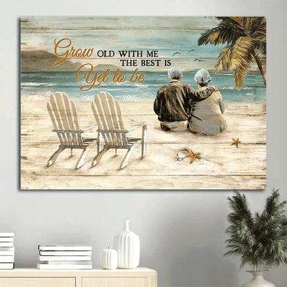 Couple Landscape Canvas - Old couple, Sitting on the beach, Beach chairs Landscape Canvas - Gift For Couple, Spouse, Lover - Grow old with me Landscape Canvas
